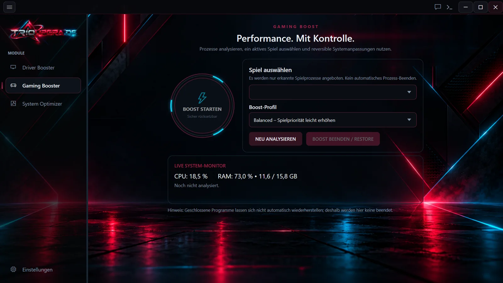 Gaming Booster mit Profilauswahl und Live-Monitor